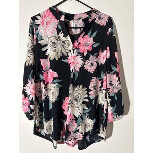 Dear Scarlett Floral 3/4 Sleeve Tunic Top Black/Pink Medium